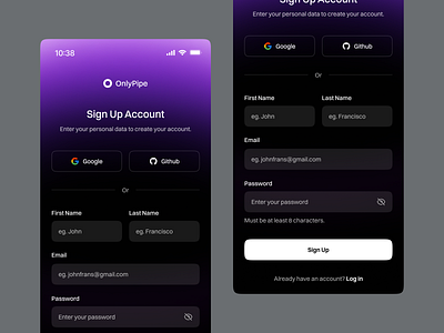 Dark Sign Up Page (Mobile) auth auth page authentication clean design forms input field input fields login mobile mobile app register register page sign up sign up account sign up page ui ui design uiux user interface web design