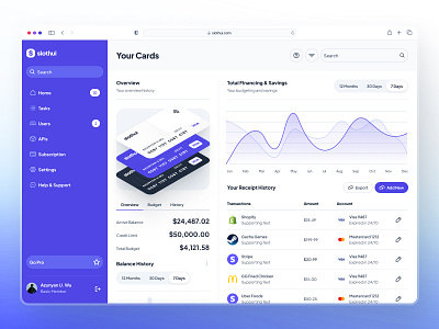 slothUI - World's Laziest Design System - Finance Dashboard UIUX banking app banking dashboard budgeting app budgeting dashboard budgeting ui chart ui clean ui credit card ui design system finance finance app finance dashboard finance ui gradient ui modern ui purple soft ui table ui transaction app transaction ui