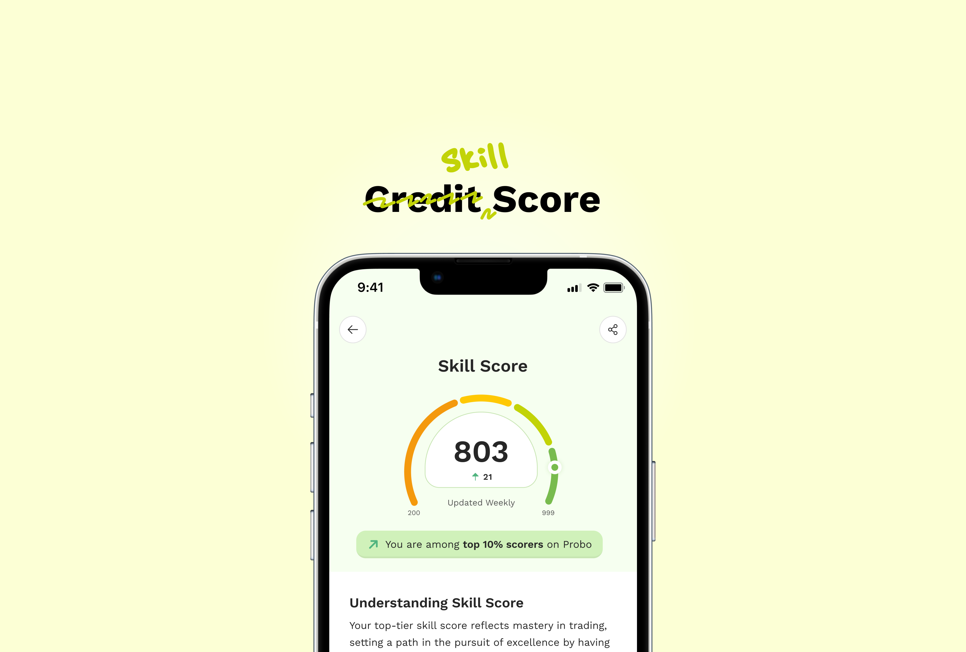 Measure your skill in prediction with Probo's latest update analysis branding finance meter ui