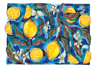 Lemon Yellow abstract bright contemporary floral flowers foliage fruit gouache illustration impressionism lemon modern painting pattern plants print spring summer surreal wall decor