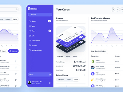 slothUI - World's Laziest Design System - Fintech Dashboard UIUX banking dashboard clean ui dashboard app dashboard design dashboard ui design system finance app finance dashboard finance ui fintech app fintech dashboard fintech ui minimal ui modern ui purple table ui transaction dashboard transaction ui ui design ui kit