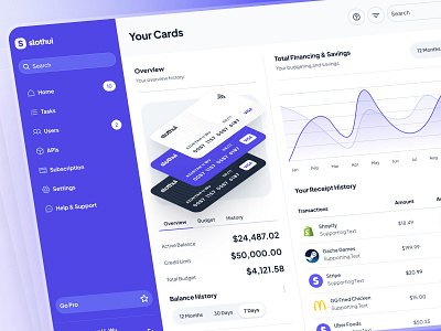 slothUI - World's Laziest Design System - Budgeting Dashboard UI banking app banking dashboard budgeting app budgeting dashboard dashboard dashboard design dashboard ui design system finance app finance dashboard finance ui fintech app fintech dashboard fintech ui gradient ui modern ui purple soft ui table ui ui design