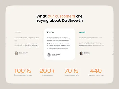 Testimonials agency beige design gray numbers orange section seo social proof testimonials ui webdesign website yellow