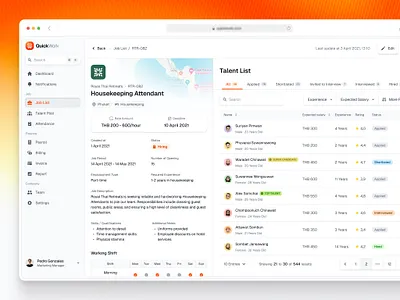 Job Listing Dashboard · Job Details & Talent List admin clean dashboard design job details job listing orange saas talent list ui ux web app