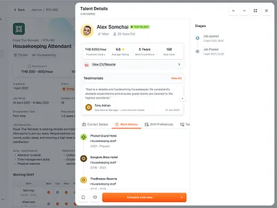 Job Listing Dashboard · Talent Details - Work History admin clean dashboard design drawer employee details interview job listing modal popup saas talent details timeline ui web app web design work history