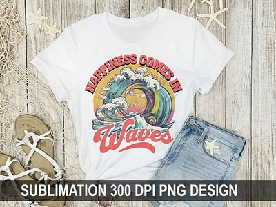 Happiness Comes In Waves Retro Sublimation PNG 3d animation apparel graphic design ui
