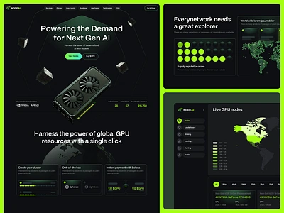 Node AI: Landing page design 3d blockchain brand identity branding compute computing developer earn ethereum gpu graphic design homepage interaction landing page logo nodes nvidia ui web3