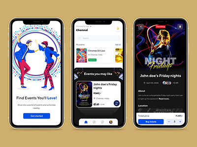 Event booking app card design color detail page home page icons light nav bar onboarding swiping