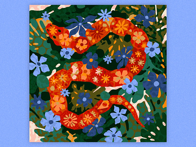 Ancient crawling creature, resting in the garden animal animal illustration chinese chinese new year flowers garden illustration lotus new year orchid pattern pattern design snake snakes texture vector year of the snake
