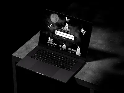 Ghost Themed Gambling Landing Page Design 18 plus aesthetic betting branding dark fun gambling game ghost landing page laptop minimal night playful scary