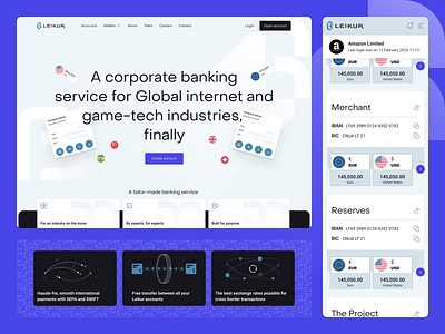 Leikur: Banking service for internet and game-tech industry account management accounting banking corporate banking dashboard ebanking finance finance app finance dashboard homepage landing page online banking tech ui web design