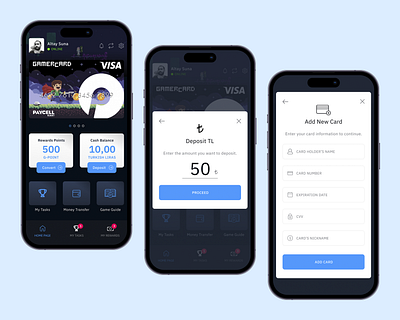 GamerCard: Home Page, Deposit, Add New Card Screens coin convert credit card crypto deposit finance form game gamification guide input mobile modal money point profile rewards tasks visa web3