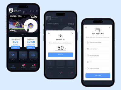 GamerCard: Home Page, Deposit, Add New Card Screens coin convert credit card crypto deposit finance form game gamification guide input mobile modal money point profile rewards tasks visa web3