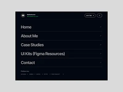 Portfolio - Responsive Menu components design designer portfolio hamberg menu ipad menu minimal design mobile menu personal website portfolio menu product design product designer product designer website responsive design responsive menu ui ux ux design