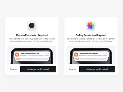 Permission Modals app camera design gallery icon mobile modals notification permission popup product product design ui visual