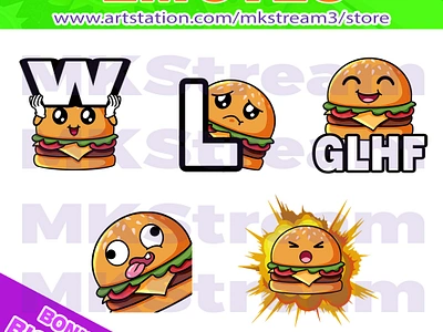 Twitch emotes cute burger W, L, GLHF, silly & explode pack animated emotes anime burger burger emotes cute design discord emotes emote emotes explode explosion glhf hamburger illustration l emotes silly emotes sub badge twitch emotes w w emotes