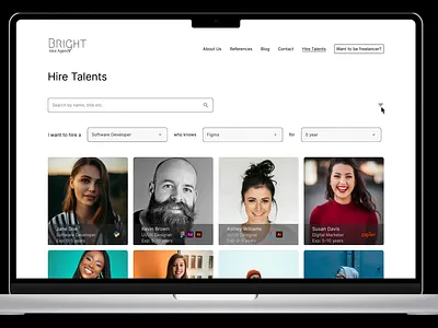 Bright Idea Agency Hire Talent & User Selection Page Design dailyui design designthinking filter freeelance hire job portfolio ui ui 064 uidesign uiux uix101 userexperience userinterface ux