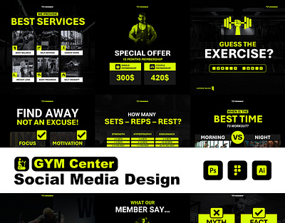 Gym Center Feed - Social Media Design branding design feed fitness graphic design gym instagram social media design vector