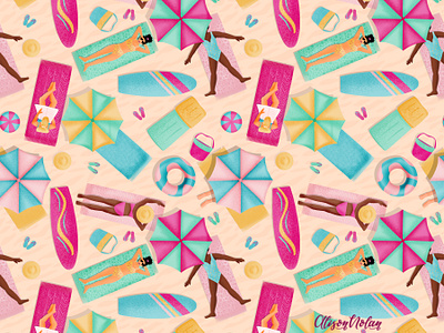 Beach Bums beach design drawing challenge female illustrator hand drawn illustration pattern challenge procreate repeating pattern summer surface design