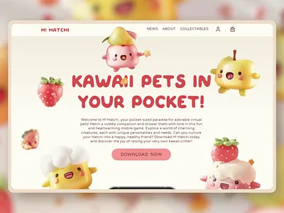 Pocket-sized pets, landing page 3d animation desctop design kawai landing page video web design