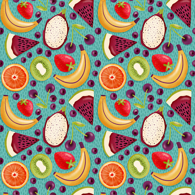 Tutti Frutti design digital drawing drawing challenge female illustrator hand drawn illustration juicy fruits pattern challenge procreate repeating pattern summer fruits surface pattern tutti frutti
