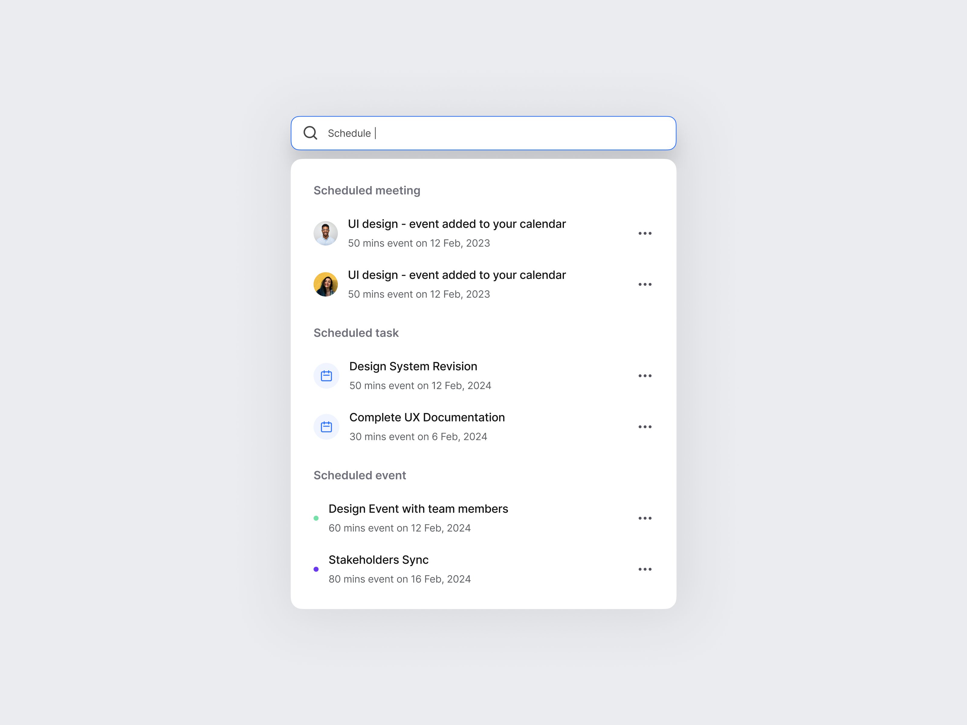 Calendar web app UI - ChronoCal (Search Component) ai assistant calendar calendar component calendar ui dashboard design event product design product designer quick search saas design saas product saas ui schedule search search component time management ui ui design visual design web app design