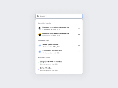 Calendar web app UI - ChronoCal (Search Component) ai assistant calendar calendar component calendar ui dashboard design event product design product designer quick search saas design saas product saas ui schedule search search component time management ui ui design visual design web app design