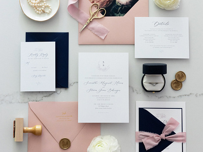 Wedding Invitation Suite blue design floral invitation pink wax seals wedding