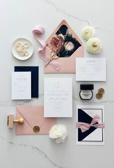 Wedding Invitation Suite blue design floral invitation pink wax seals wedding