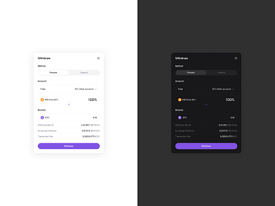 Withdraw Component 💥 banking black btc clean component crypto dark design figma gray minimal purple ui uiux ux web3 white withdraw