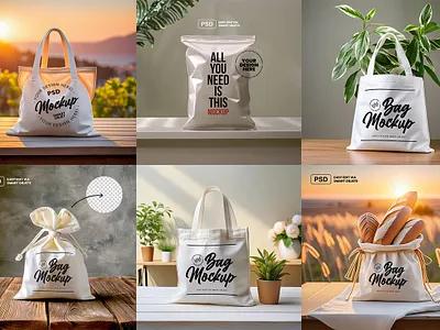 Bags Mockups Collection bags bolsa de tela bolsas blancas branding bread graphic design illustration inspiration maquetas mockup mockup design nature photoshop plantilla plants plastic psd sunset template tote bags