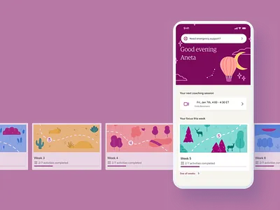Coaching weekly program cards healthcare design healthcare product home screen landing screen mental health design product design ui ux