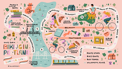 Portland Bike Map for Tenaways E-bikes bike bike map design hand drawn illustration illustrator map oregon people portland procreate travel