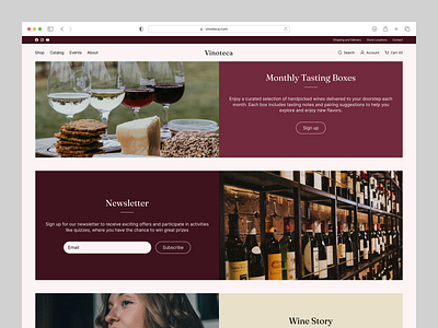 Sections - wine ecommerce branding call to action content section design exploration figma images and photos input field navigation newsletter product design read more sections sign up stories story ui ux web web design wine ecommerce