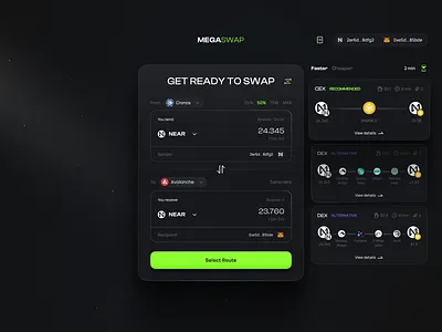 Swap Line-up Glowing UI app app ui black theme bridge clean ui crypto crypto app crypto design crypto ui dark theme exchange glowing ui green notcoin swap ui web3