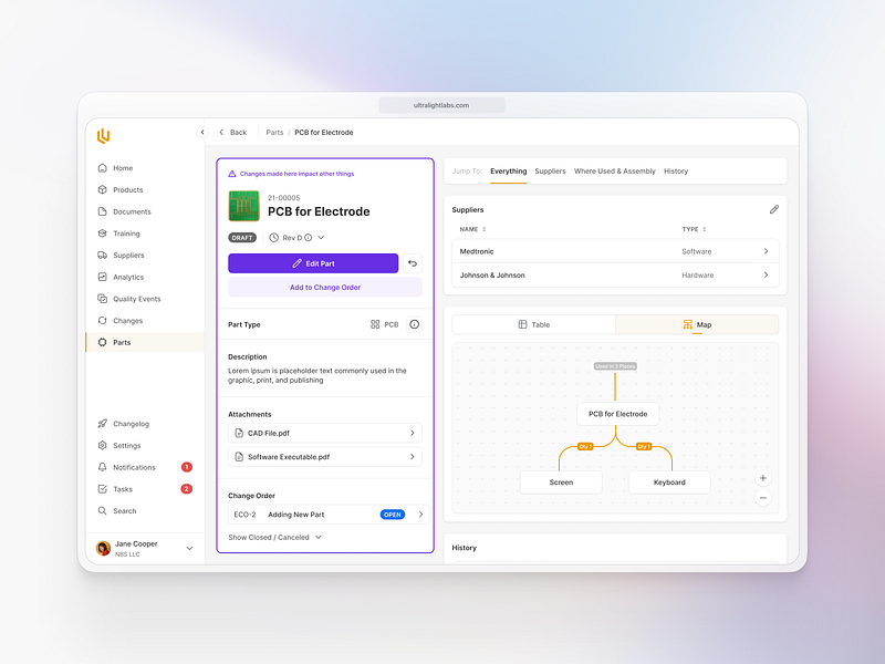 Medical device part inspector bento dashboard developer tools flat grid healthcare material ui medtech mui saas shad shadcn table tailwind vertical saas