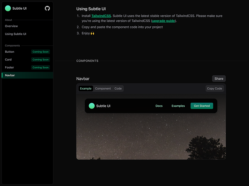 Subtle UI Docs - Dark Mode behind the scenes code component css dark demo dev docs documentation free html library live mode open react source subtle tailwindcss ui