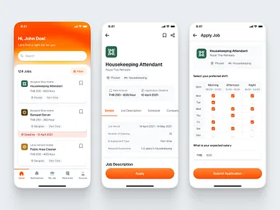 Job Listing App app banner clean design details highlight hospitality item job listing orange schedule ui working