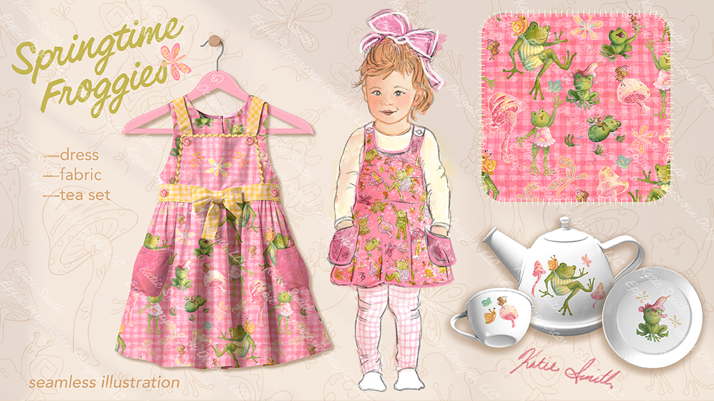 Springtime Froggies Surface Design childrens digital fabric fashion illustration mockup surface design toy design