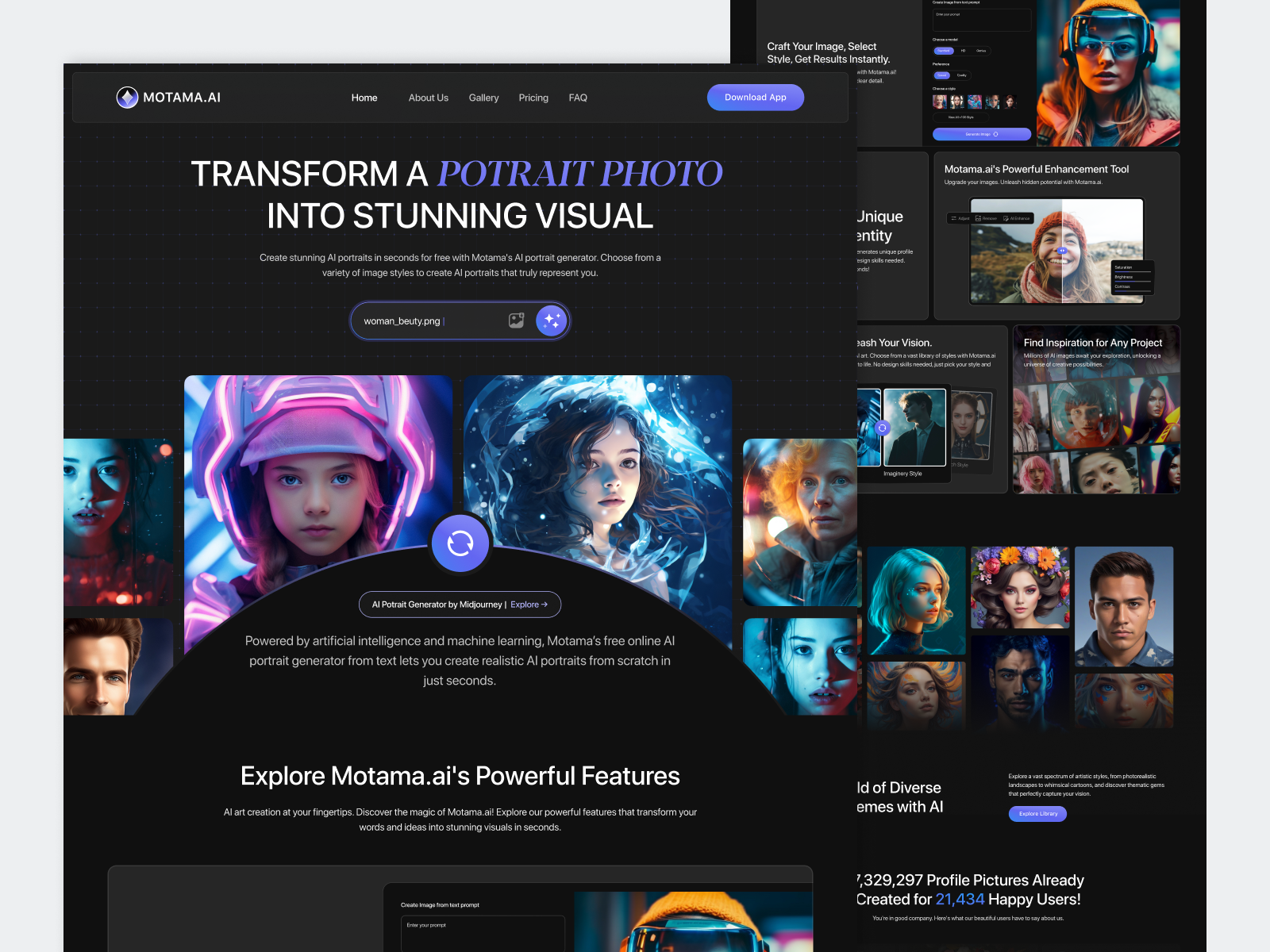 Motama.AI - Potrait Generator Landing Page ai ai art generator ai assisted art ai models art artguru artificial intelegence dall e dark mode digital art generate image generator illustration image generator midjourney nft photo generator potrait saas text to image