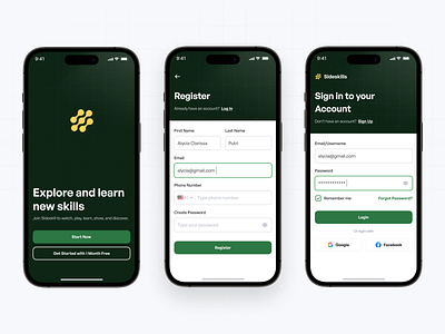 Sideskill: Online Learning App Authentication Screen auth course design figma login mobile app onboarding online course online learning register sign in sign up starter page ui ui design ui kit
