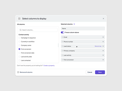 Edit column widget - SaaS UI/UX Design column drag modal popup product saas ui ux