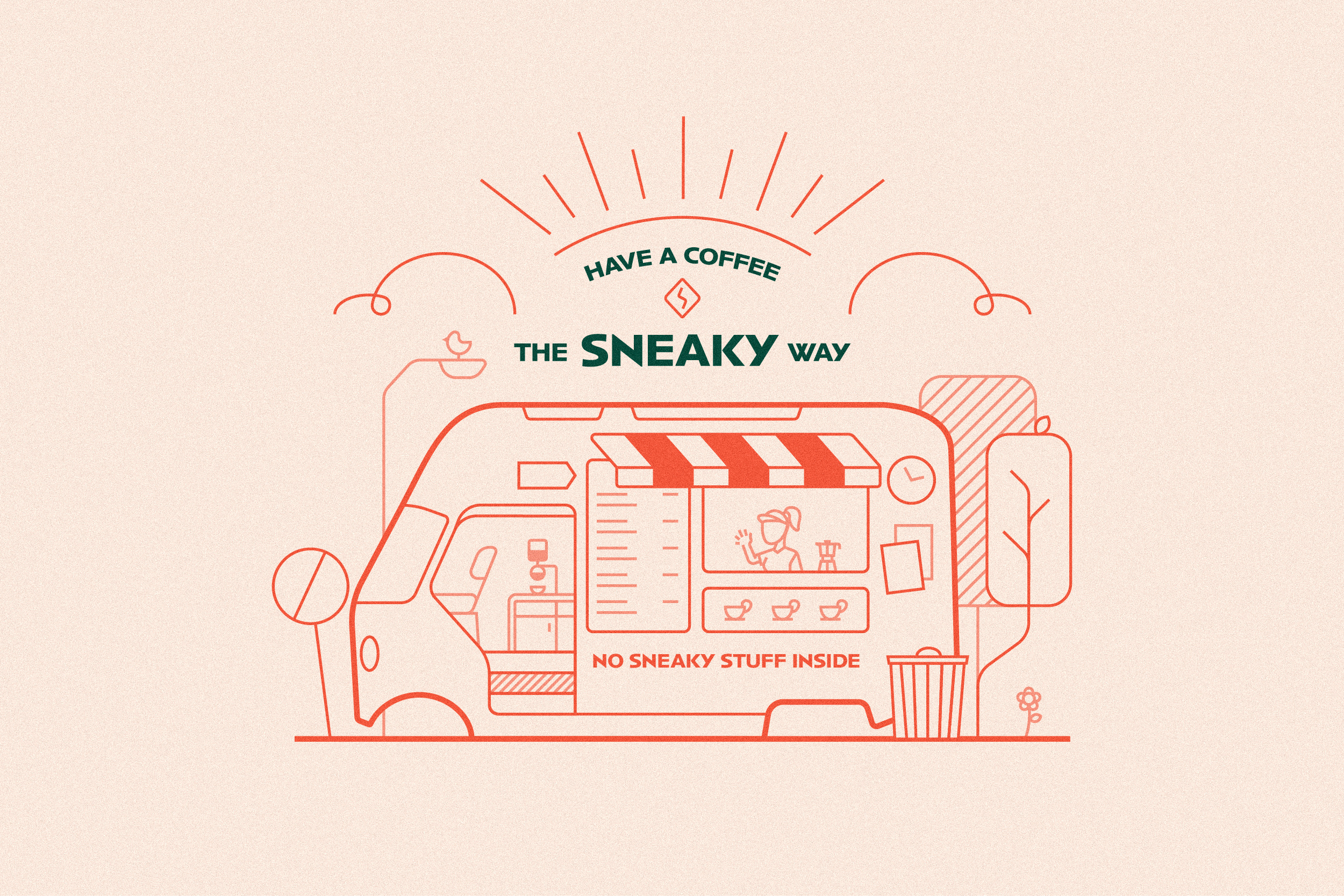 Sneaky - Food Truck Coffee Illustration cafe caffeine coffee decaf digital art food graphic design happy illustration line art morning nature night positive retro simple truck van vector vibes