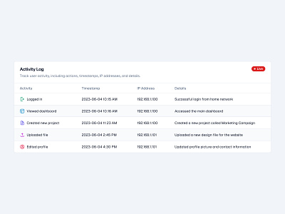 Activity Log 🔖 design icons minimal saas table ui web design