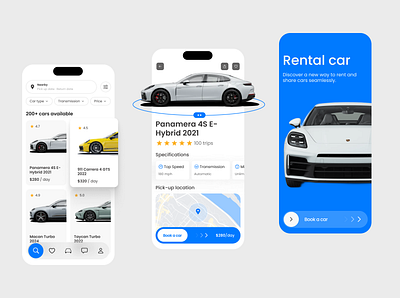 Rental car mobile application app book booking app car app car booking clean concept detailed page home host ios luxury rent maps mobile app rent rent app search transport ui ux