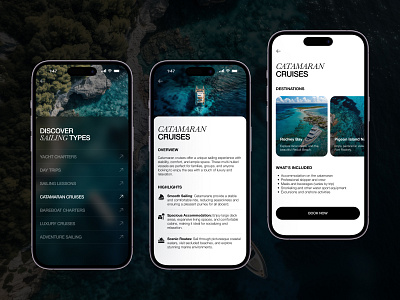 SailAway Sailing Trip Detail Page cruise design glassmorphism homepage interface layout ocean sailing app travel app trip booking ui web design