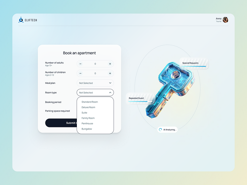 🗝️ Rental Apartment Form - UX/UI Design ai ai assistant apartment booking cancellation prediction cta dropdown figma form hotel incrementdecrement input input steppers interaction cost numeric input product design rental ui usability ux