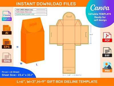Gift Box Dieline Template 6x3x9 Inch box die cut branding design dieline packaging packaging design size ui vector