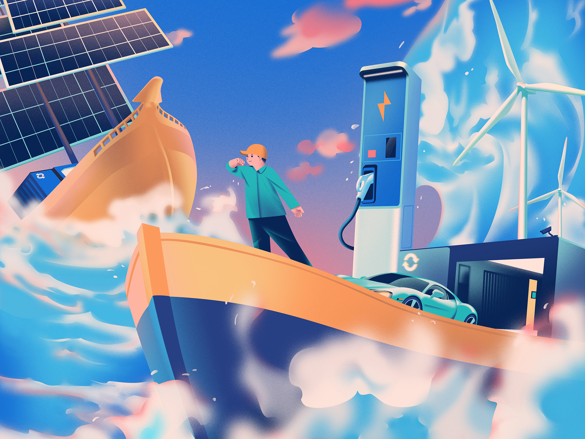 New energy harnessing the power of wind and waves charging pile converter station cover illustration magazine new energy sailing ship