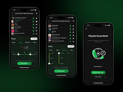 Groovifi | Spotify playlists generation app application dark mode design filters generator mobile design music player playlist product design settings sounds spotify ui